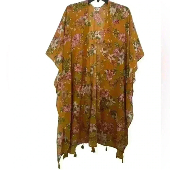 Tops - Ultra Pink 1X Floral Kimono Cover-Up with Tassel Detail - Mustard Yellow